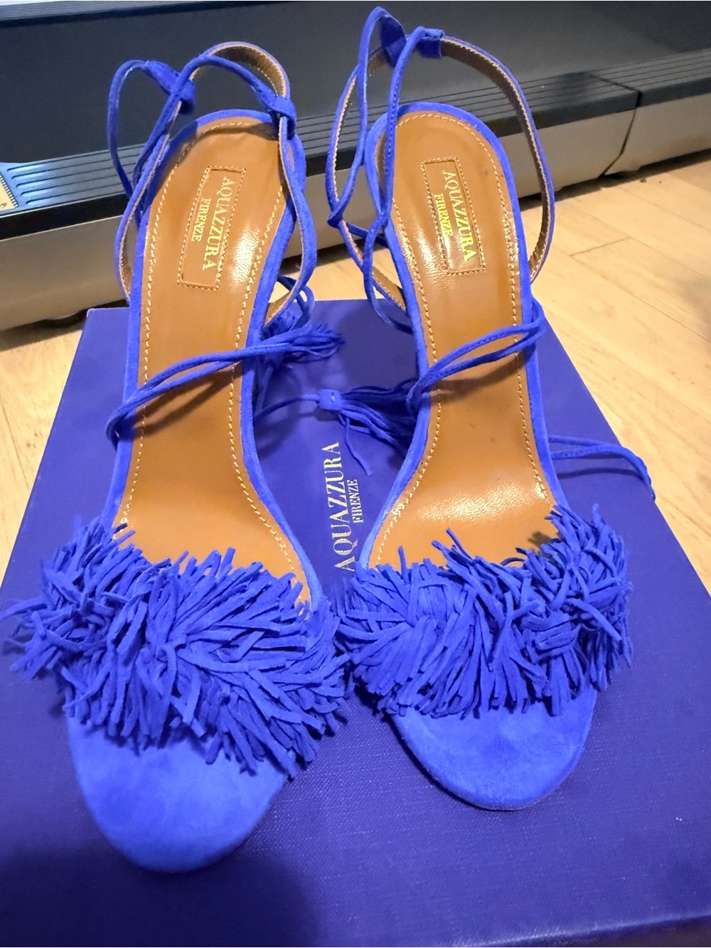 Aquazzura Electric Blue Fringe Suede Lace-Up Heels
